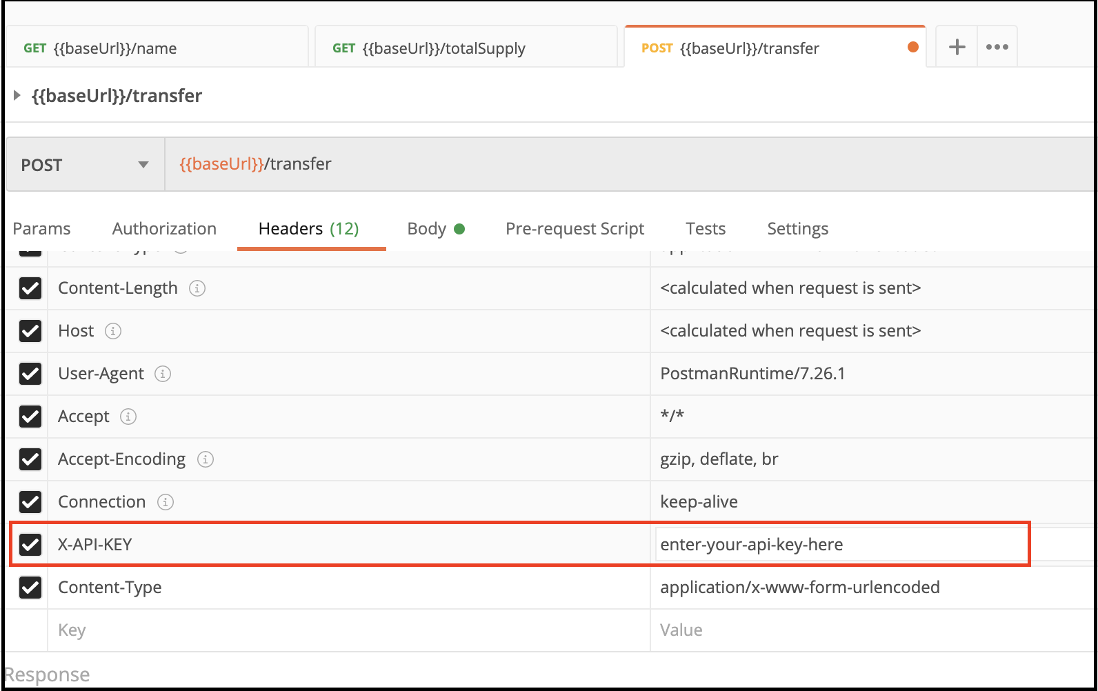 EthVigil HTTP POST call headers with API key for transfer() method