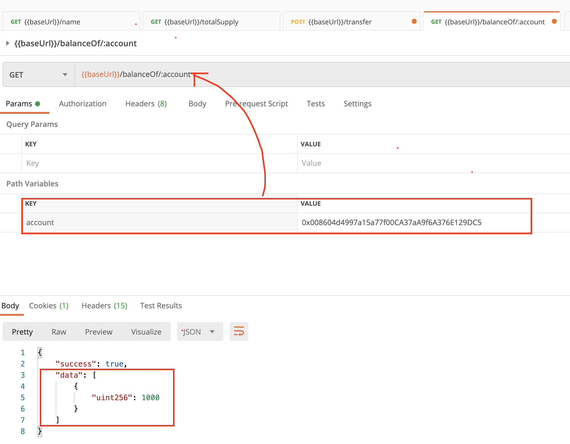 EthVigil HTTP GET call to get balanceOf the address to which transfer was made